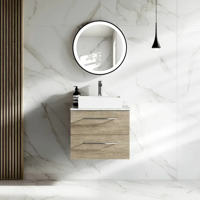 Elba Dawn Oak Wall Hung Drawer Vanity with Marble Top & Cody Basin 600mm