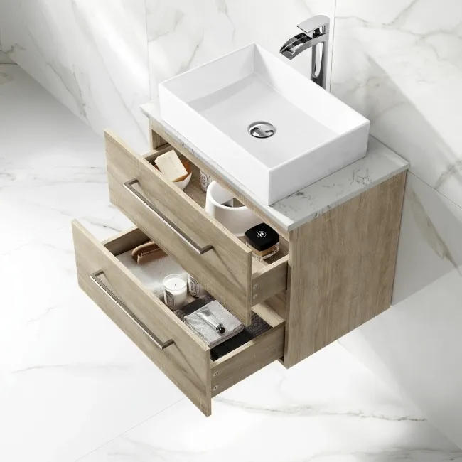 Elba Dawn Oak Wall Hung Drawer Vanity with Marble Top & Cody Basin 600mm