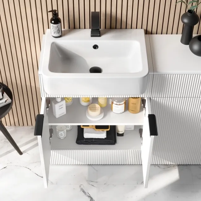 Sicily Fluted Coastal White Vanity with Semi Recessed Basin 600mm - Black Accents