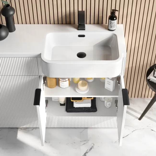 Sicily Fluted Coastal White Basin Vanity and Back To Wall Toilet Unit 1200mm (Excludes Toilet) - Black Accents - Right Handed