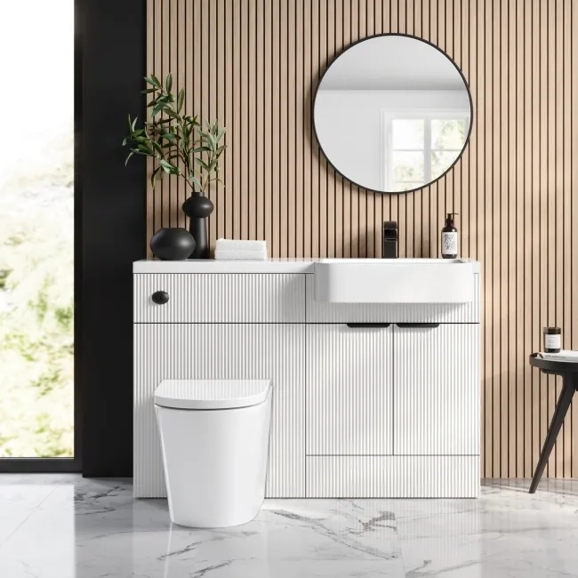 Sicily Fluted Coastal White Combination Vanity Basin and Boston Toilet 1200mm - Black Accents - Right Handed