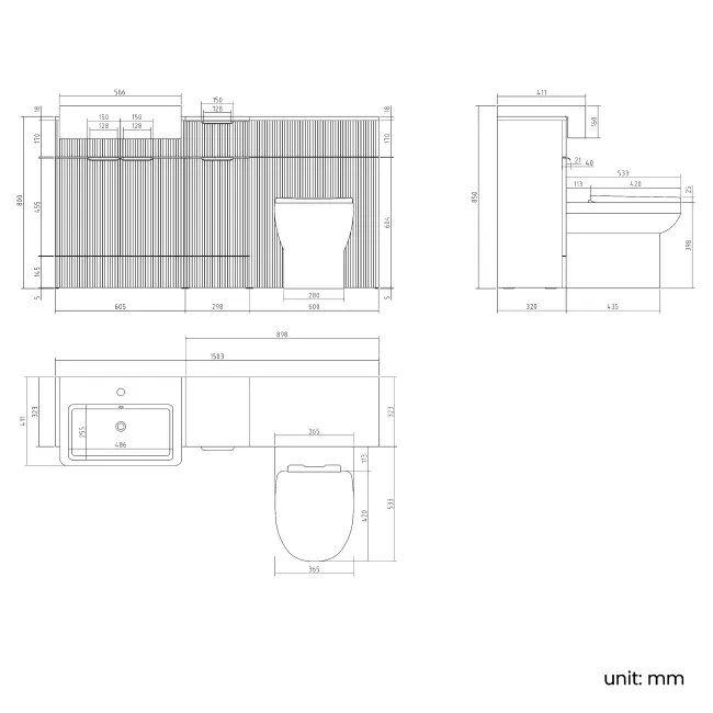 Sicily Fluted Coastal White Combination Vanity Basin and Miami Toilet 1500mm - Black Accents