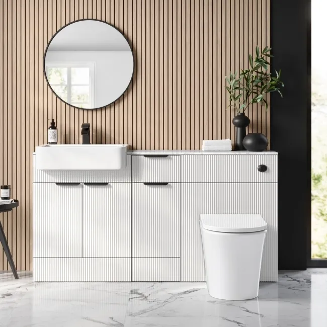 Sicily Fluted Coastal White Combination Vanity Basin with Marble Top & Tucson Toilet 1500mm - Black Accents
