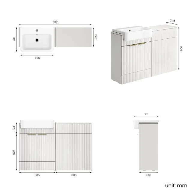 Sicily Fluted Coastal White Basin Vanity and Back To Wall Toilet Unit 1200mm (Excludes Toilet) - Brushed Brass Accents