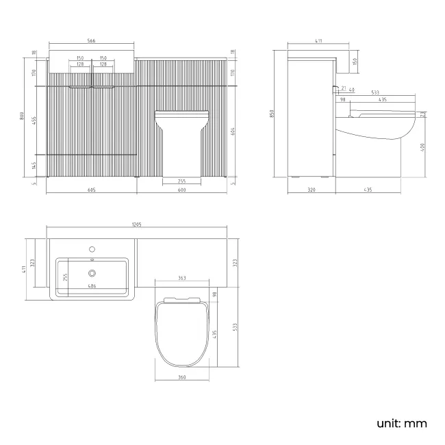 Sicily Fluted Coastal White Combination Vanity Basin and Aruba Toilet 1200mm - Brushed Brass Accents