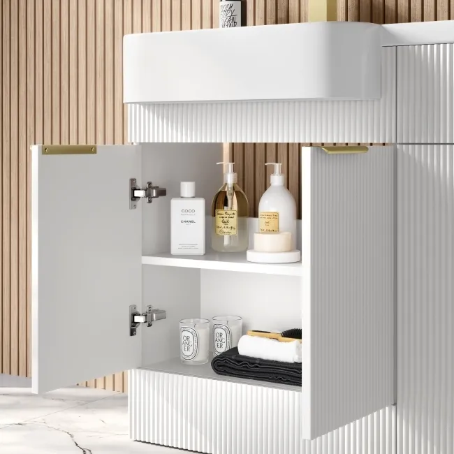 Sicily Fluted Coastal White Basin Vanity and Back To Wall Toilet Unit 1200mm (Excludes Toilet) - Brushed Brass Accents - Left Handed