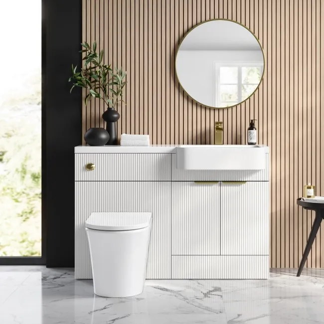 Sicily Fluted Coastal White Combination Vanity Basin and Tucson Toilet 1200mm - Brushed Brass Accents - Right Handed