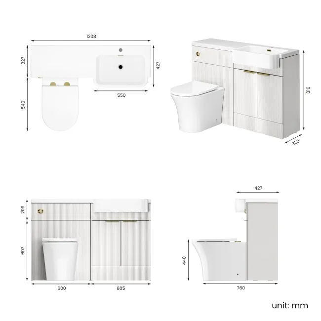 Sicily Fluted Coastal White Combination Vanity Basin and Tucson Toilet 1200mm - Brushed Brass Accents - Right Handed