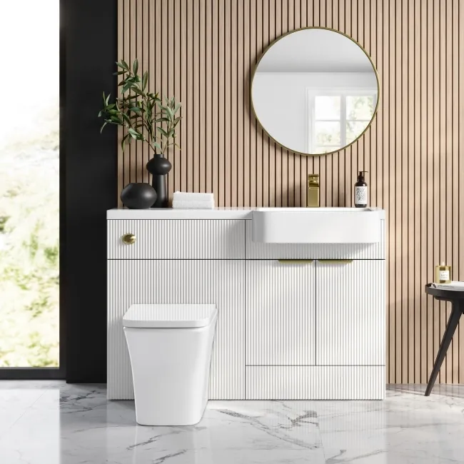 Sicily Fluted Coastal White Combination Vanity Basin and Houston Toilet 1200mm - Brushed Brass Accents - Right Handed