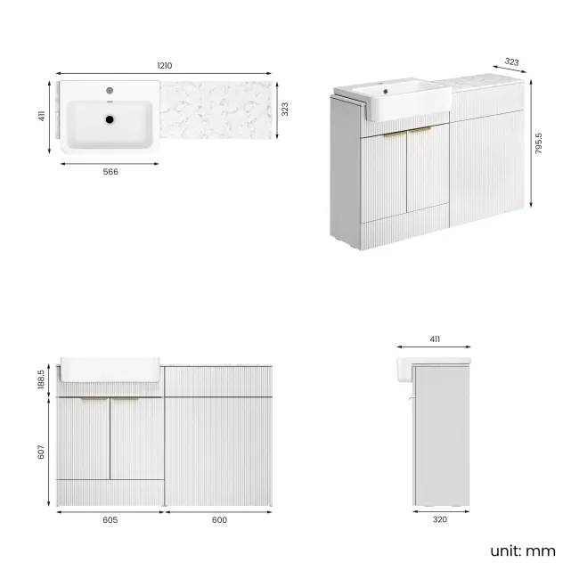 Sicily Fluted Coastal White Basin Vanity with Marble Top & Back To Wall Unit 1200mm (Excludes Toilet) - Brushed Brass Accents