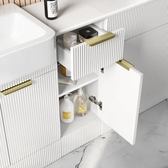 Sicily Fluted Coastal White Combination Vanity Basin 1500mm (Excludes Toilet) - Brushed Brass Accents