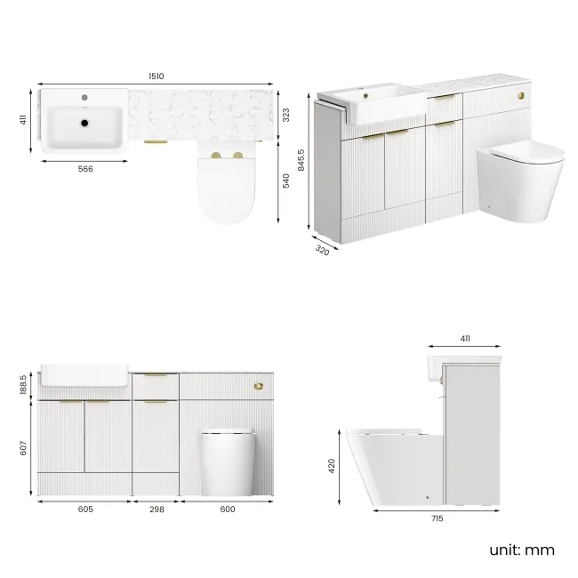Sicily Fluted Coastal White Combination Vanity Basin with Marble Top & Boston Toilet 1500mm - Brushed Brass Accents