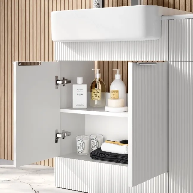 Sicily Fluted Coastal White Vanity with Semi Recessed Basin 600mm - Chrome Handles
