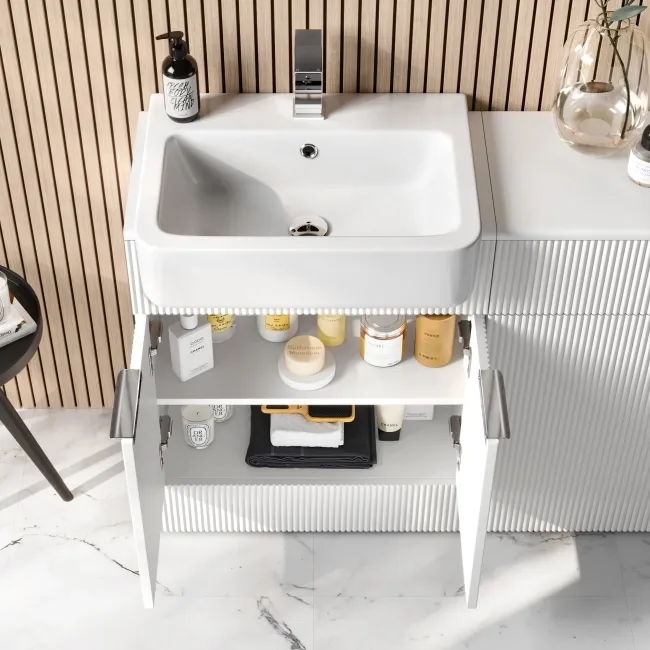 Sicily Fluted Coastal White Vanity with Semi Recessed Basin 600mm - Chrome Handles