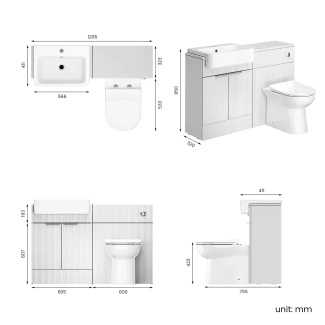 Sicily Fluted Coastal White Combination Vanity Basin and Aruba Toilet 1200mm - Chrome Handles