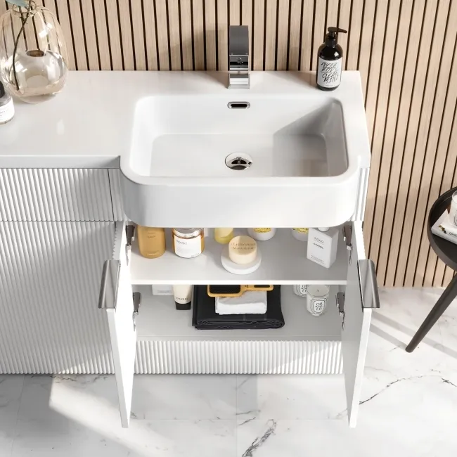Sicily Fluted Coastal White Basin Vanity and Back To Wall Toilet Unit 1200mm (Excludes Toilet) - Chrome Handles- Right Handed