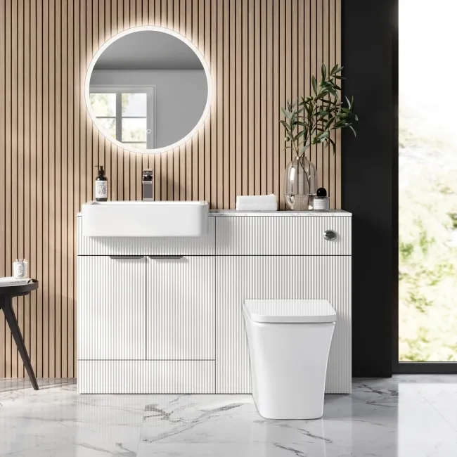 Sicily Fluted Coastal White Combination Vanity Basin with Marble Top & Houston Toilet 1200mm - Chrome Handles