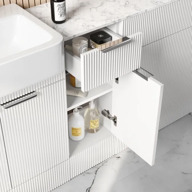 Sicily Fluted Coastal White Combination Vanity Basin with Marble Top 1500mm (Excludes Toilet) - Chrome Handles