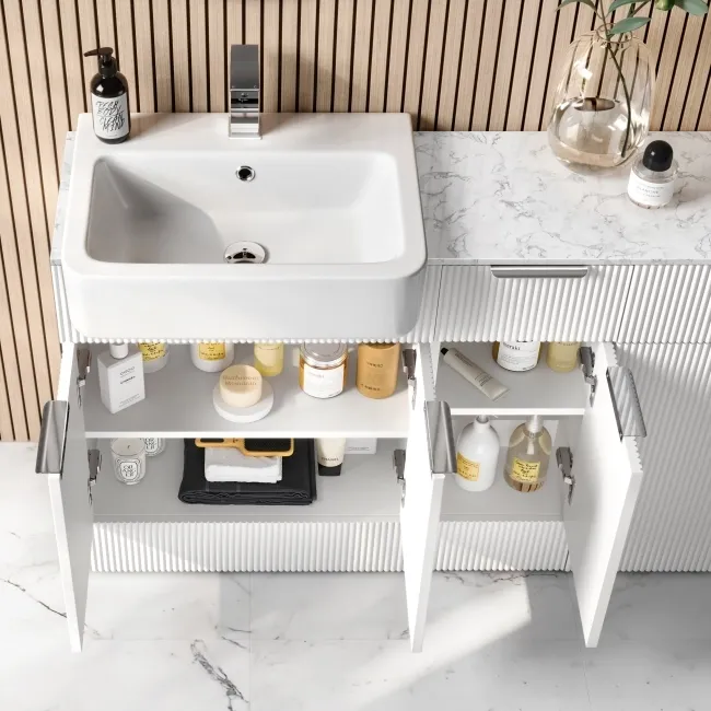 Sicily Fluted Coastal White Combination Vanity Basin with Marble Top 1500mm (Excludes Toilet) - Chrome Handles