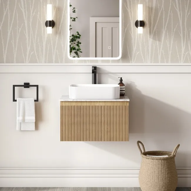 Malta Fluted Country Oak Wall Hung Drawer Vanity with Marble Top & Marin Basin 600mm
