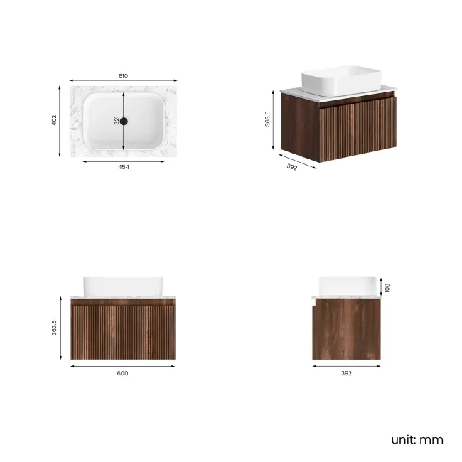 Malta Fluted Black Walnut Wall Hung Drawer Vanity with Marble Top & Marin Basin 600mm
