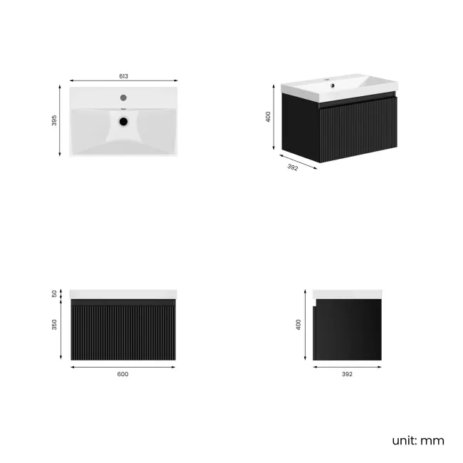 Malta Fluted Matt Black Wall Hung Basin Drawer Vanity 600mm