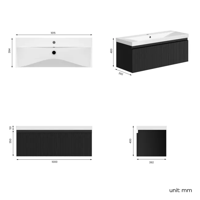 Malta Fluted Matt Black Wall Hung Basin Drawer Vanity 1000mm