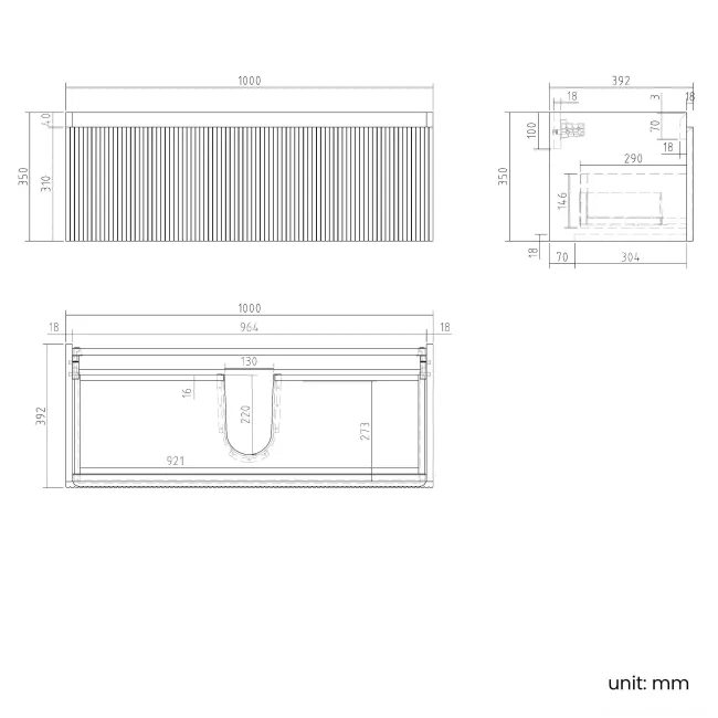 Malta Fluted Matt Black Wall Hung Basin Drawer Vanity 1000mm