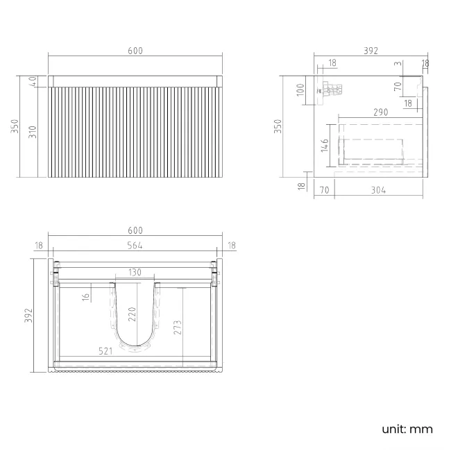 Malta Fluted Matt Black Wall Hung Drawer Vanity with Matt Black Basin 600mm