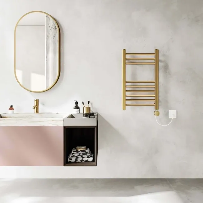 Barcelona Electric Brushed Brass Straight Heated Towel Rail 650x400mm