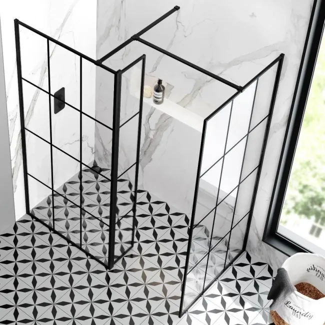 Munich Matt Black Grid 8mm Walk In Shower Enclosure 900mm & 800mm Glass with Pivotal Return Panel