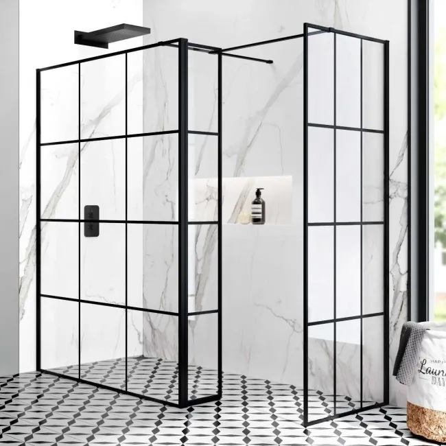 Munich Matt Black Grid 8mm Walk In Shower Enclosure 1400mm & 800mm Glass with Pivotal Return Panel