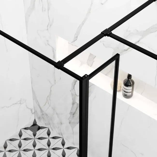 Munich Matt Black Framed 8mm Walk In Shower Enclosure 800mm & 900mm Glass with Pivotal Return Panel