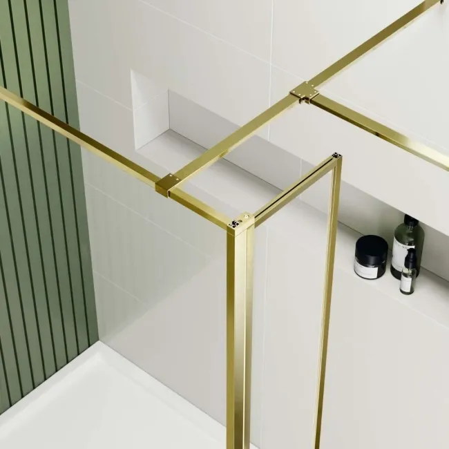 Munich Brushed Brass Framed 8mm Walk In Shower Enclosure 1400mm & 800mm Glass with Return Panel