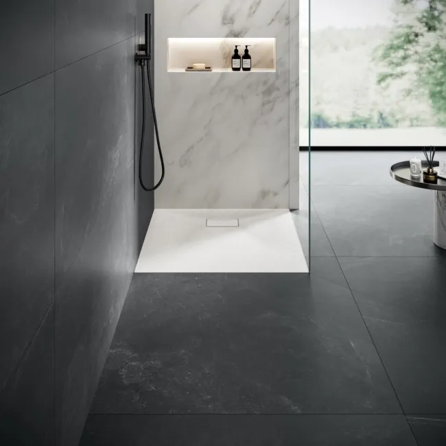 Berlin Square Matt White Slate Effect SMC Composite Shower Tray 800x800mm