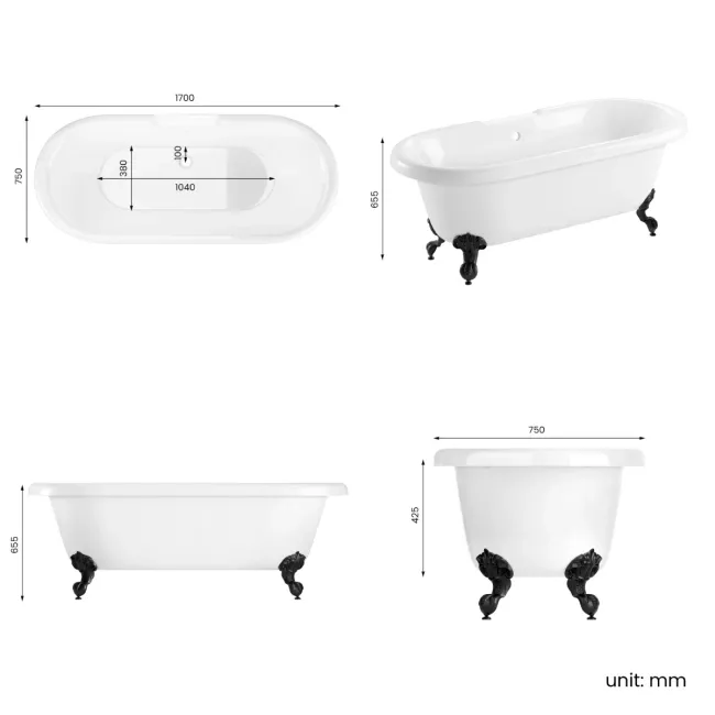 Grosvenor 1700mm Roll Top Bath - Black Ball Feet