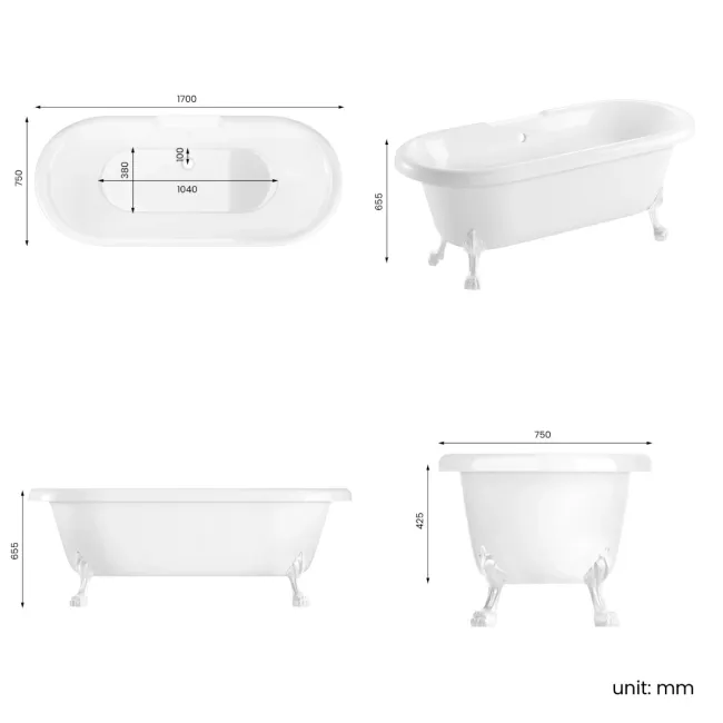 Grosvenor 1700mm Roll Top Bath - White Claw Feet