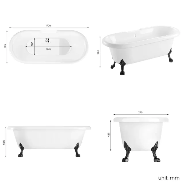 Grosvenor 1700mm Roll Top Bath - Black Claw Feet