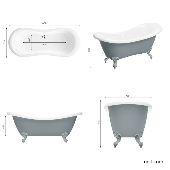 Tonbridge 1600mm Dove Grey Roll Top Bath - Grey Ball Feet