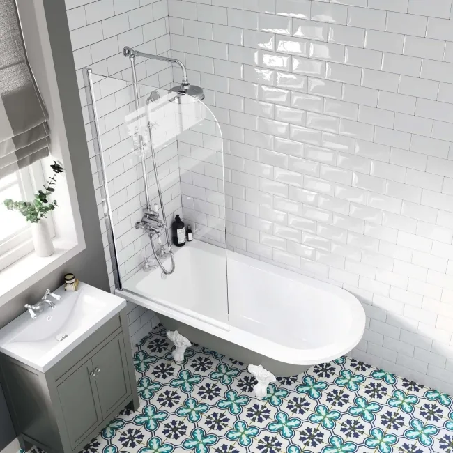 Abingdon 1500 Dove Grey Roll Top Shower Bath - White Ball Feet & 6mm Easy Clean Screen