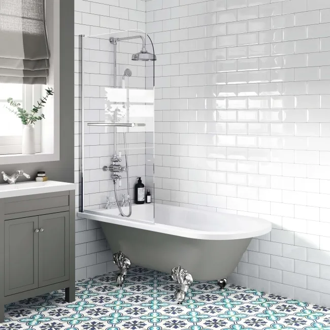 Abingdon 1500 Dove Grey Roll Top Shower Bath - Chrome Ball Feet & 6mm Easy Clean Screen With Rail