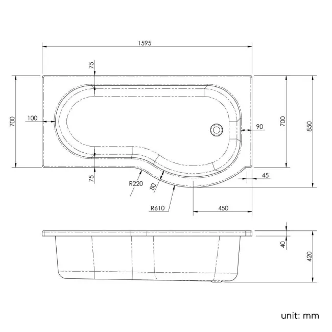 P Shaped 1600 Bath with Front Panel - Right Handed