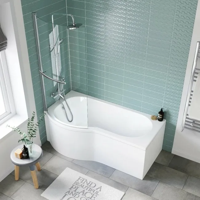 P Shaped 1600 Shower Bath with Front Panel & 4mm Screen with Rail - Left Handed