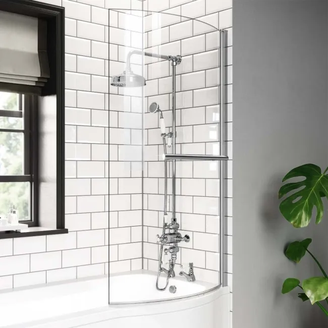 P Shaped 1600 Shower Bath with Front Panel & 6mm Easy Clean Screen with Rail - Right Handed