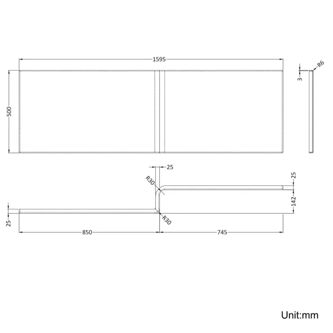L Shaped 1600 Shower Bath with Front Panel & 4mm Fixed Screen - Right Handed