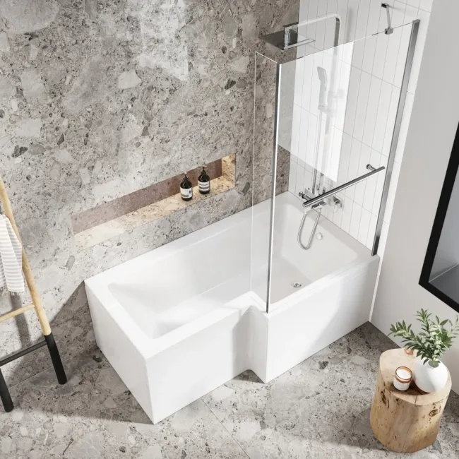 L Shaped 1600 Shower Bath with Front Panel & 4mm Fixed Screen with Rail - Right Handed