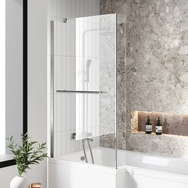 L Shaped 1700 Shower Bath with Front Panel & 4mm Fixed Screen with Rail - Left Handed