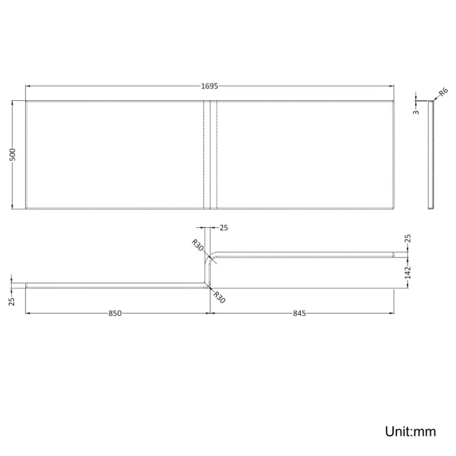 L Shaped 1700 Shower Bath with Front Panel & 4mm Fixed Screen with Rail - Left Handed