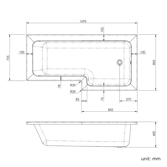 L Shaped 1700 Shower Bath with Front Panel & 4mm Fixed Screen with Rail - Right Handed