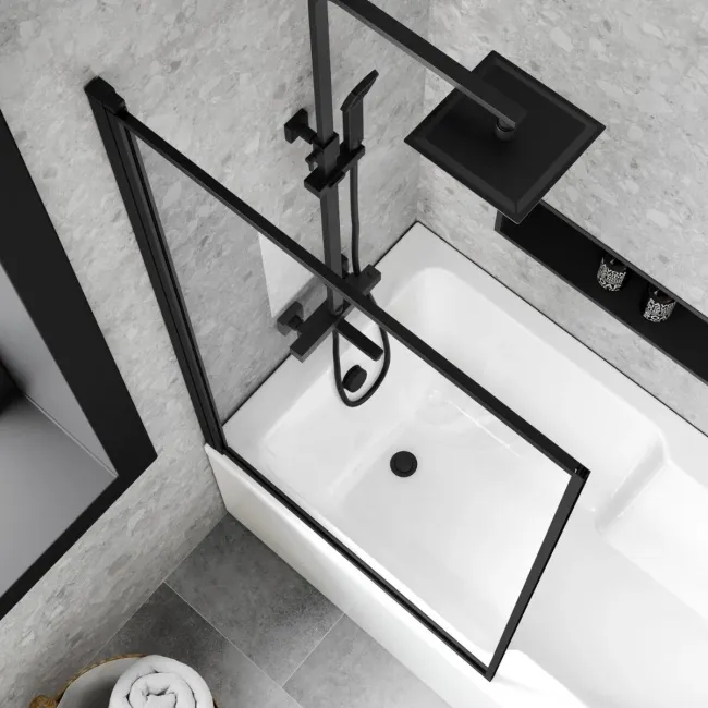 Dover 1500x750 Keyhole Shower Bath & 6mm Easy Clean Matt Black Framed Bath Screen